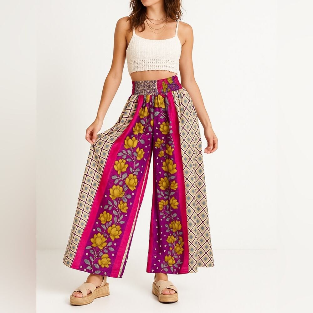 WEVEZ Wide Leg Silk Palazzo Pants | One Size | Multicolor | Boho Festival